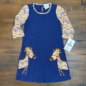 Rare Editions Girls Dress Size 7 Navy Blue Zebra‎ Applique Chevron Sleeve NEW